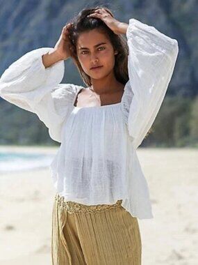Free People FP One Sarah Blouse Top Smocked Open Back Ivory XS